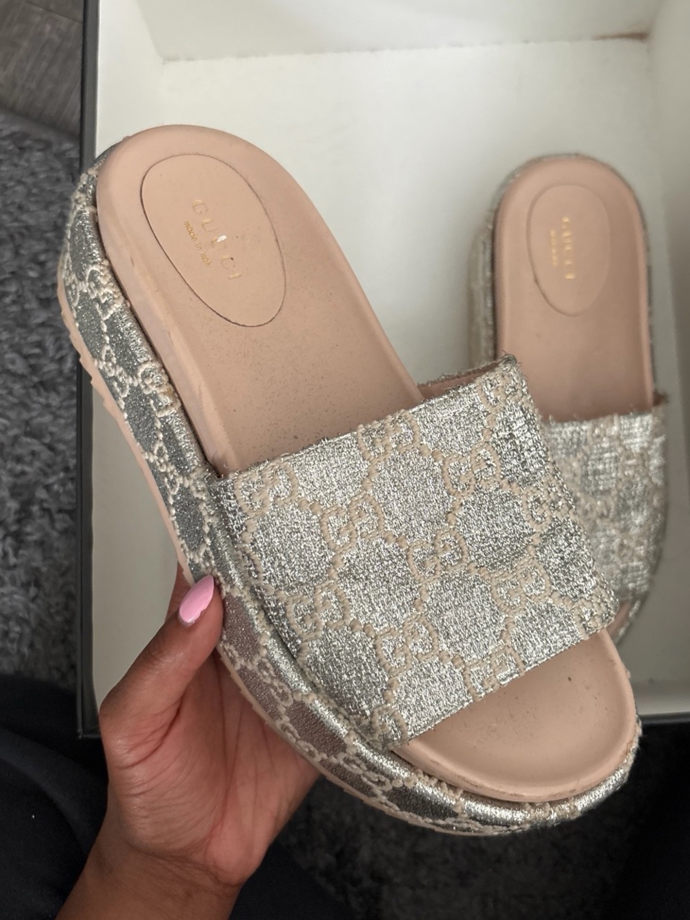 Gucci Metallic Silver and Beige GG Canvas Slide Mules
